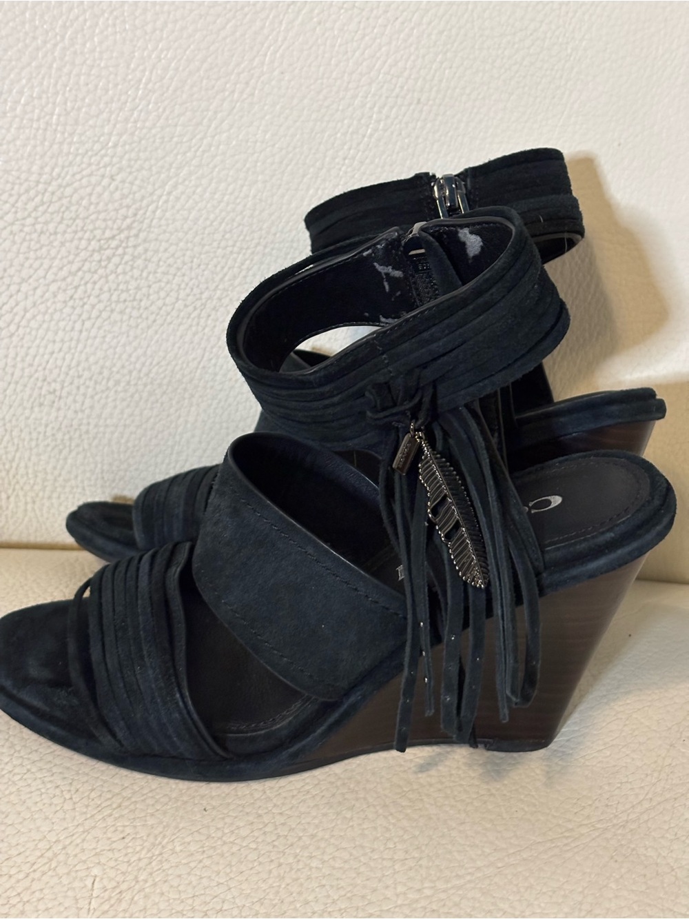 Coach Black Suede Fringe Ankle-Strap Wedges